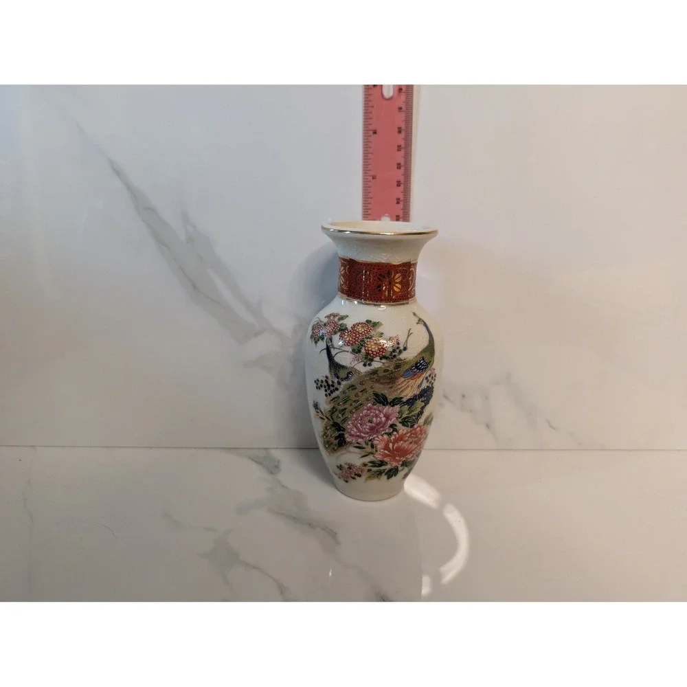 Vintage Japanese Satsuma Peacock Porcelain Vase Crackle Glaze Floral Gold Trim